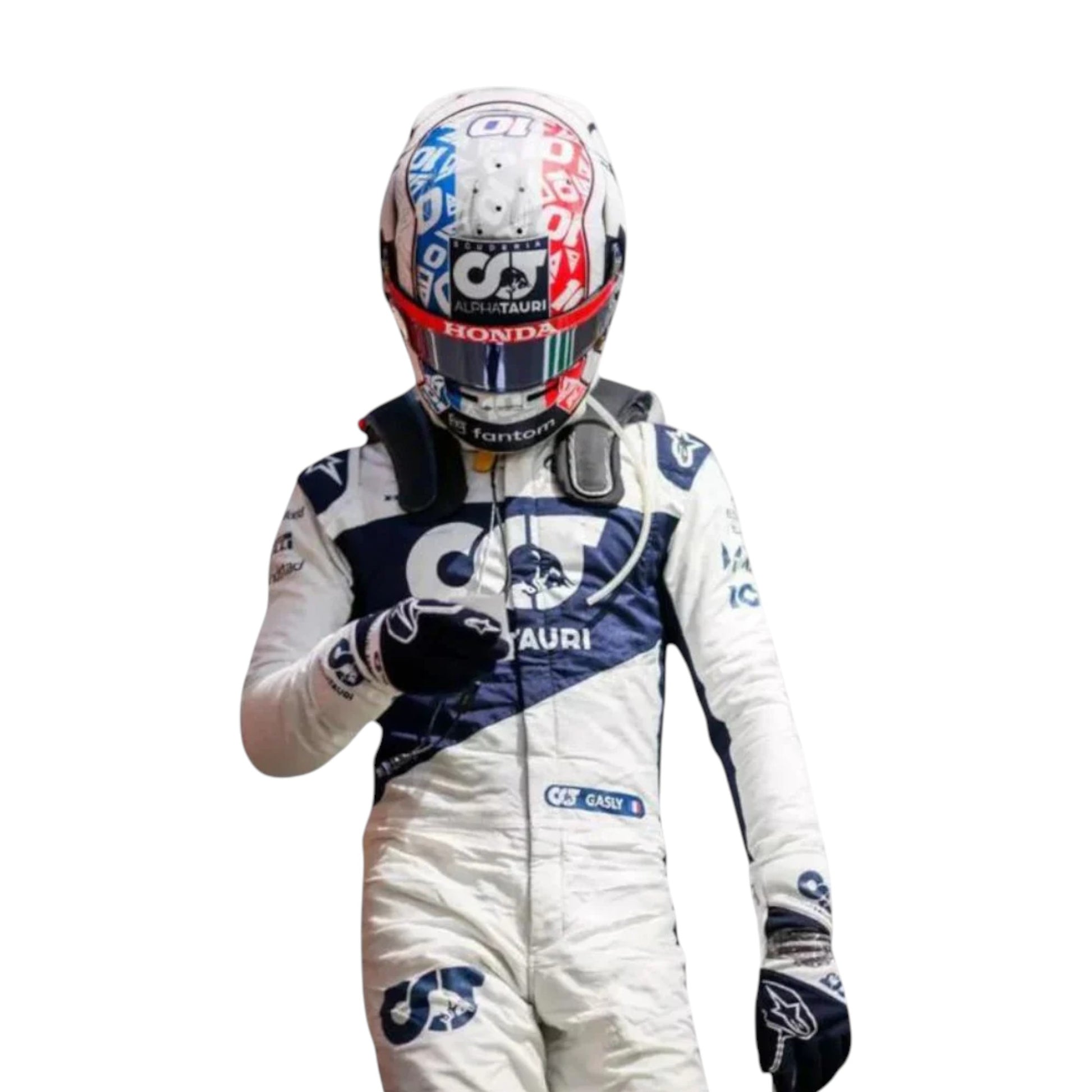 Replica of Pierre Gasly 2021 AlphaTauri F1 driver suit with authentic team branding and sponsor details