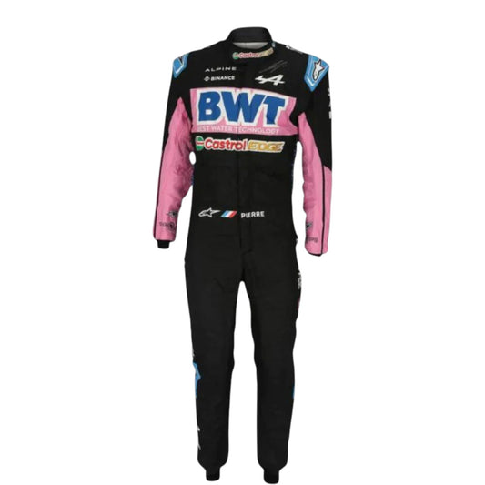 Pierre Gasly 2023 Alpine F1 race suit replica in blue and pink BWT design with sponsor logos