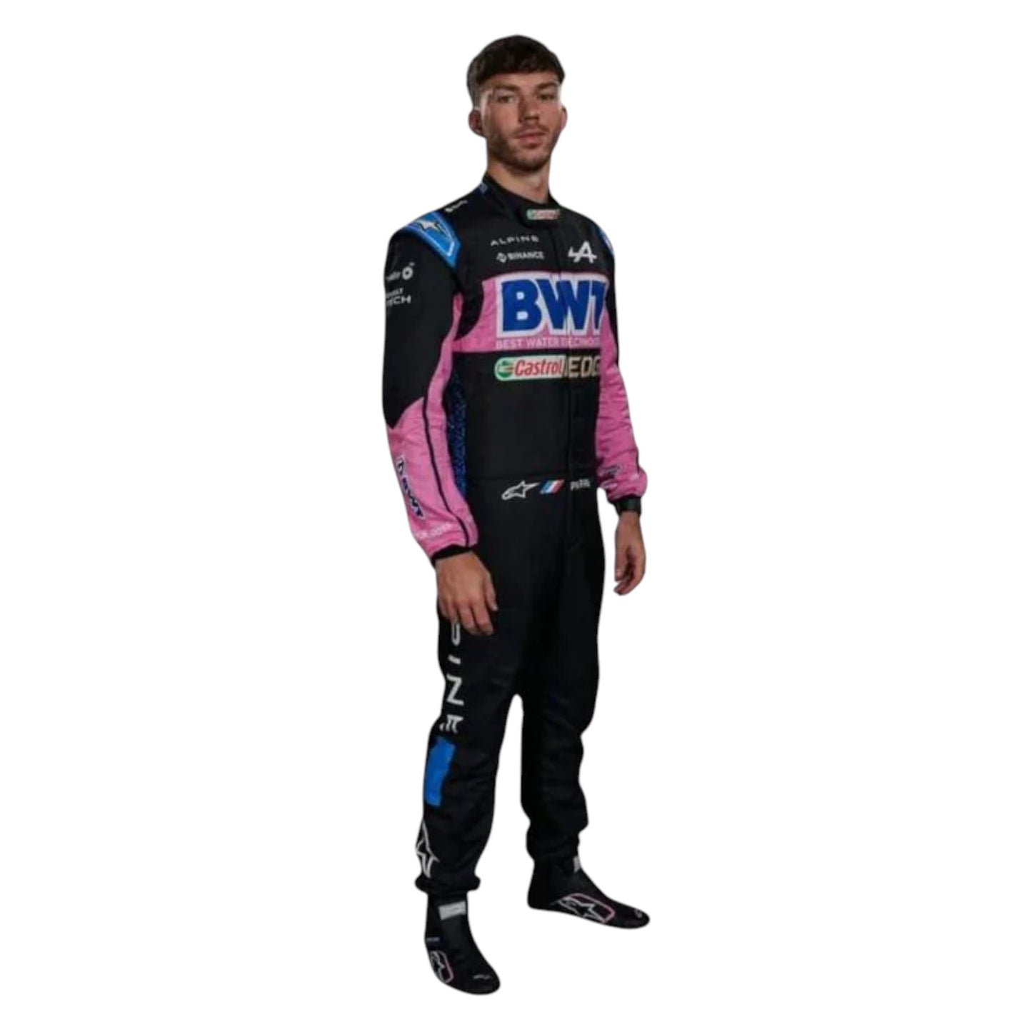 Pierre Gasly 2023 Alpine F1 race suit replica in blue and pink BWT design with sponsor logos
