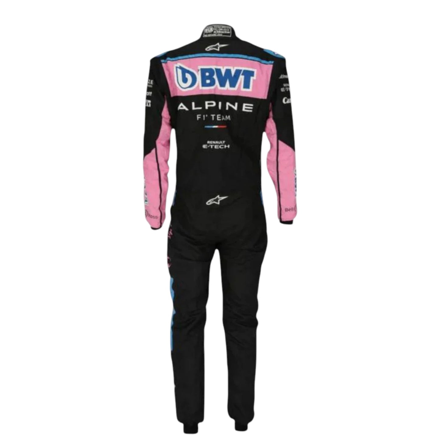 Pierre Gasly 2023 Alpine F1 race suit replica in blue and pink BWT design with sponsor logos