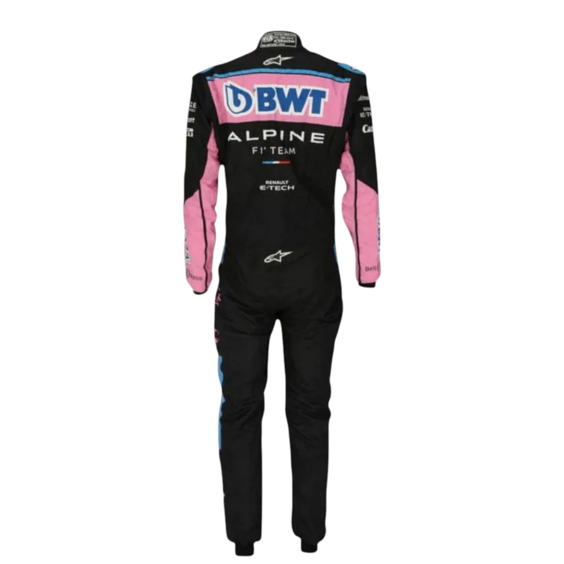Pierre Gasly 2023 Alpine F1 race suit replica in blue and pink BWT design with sponsor logos