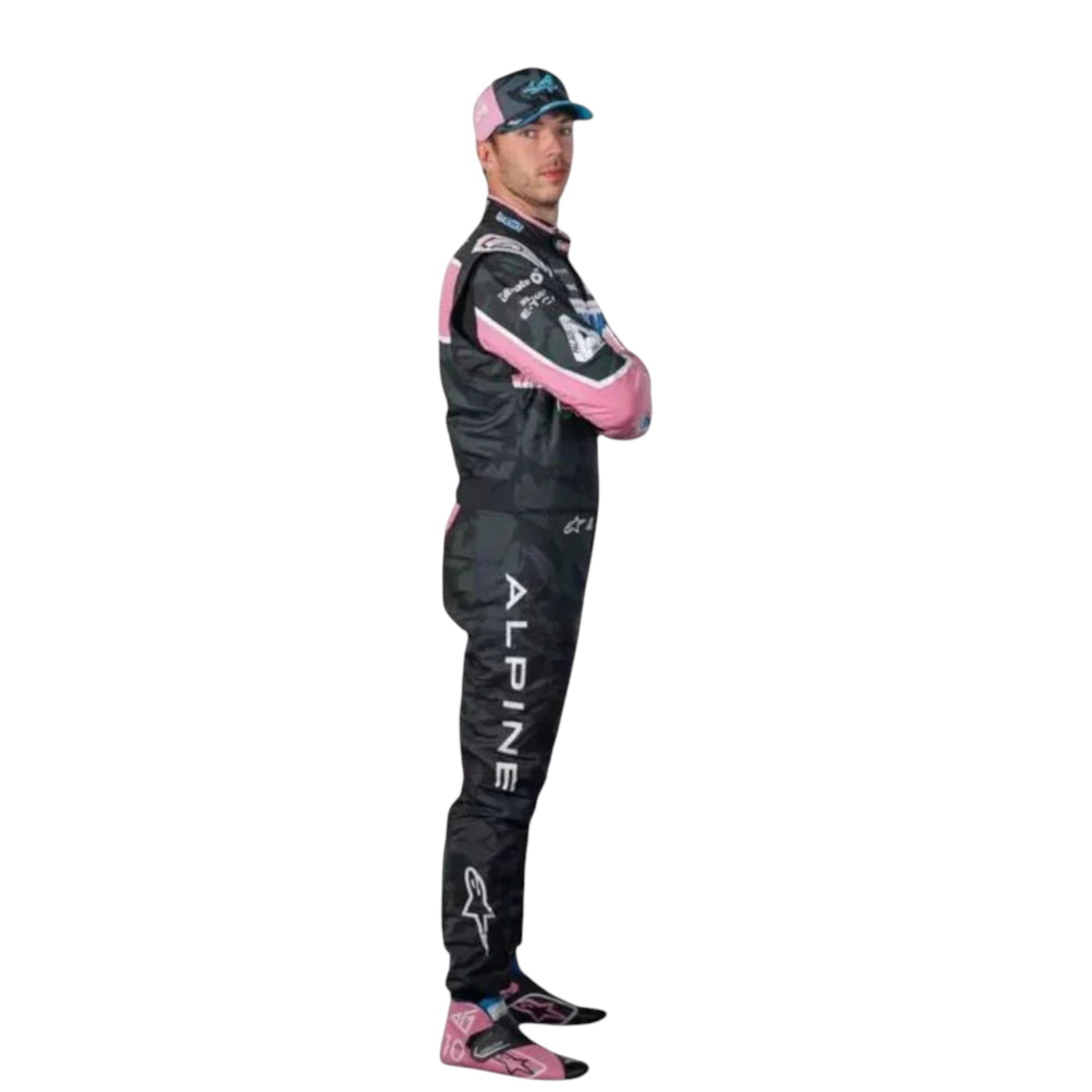 Pierre Gasly 2023 Alpine F1 race suit replica in blue and pink BWT design with sponsor logos