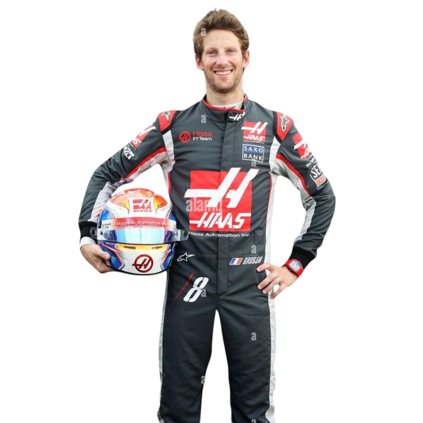 Romain Grosjean 2016 Haas F1 race suit replica with black, red, and grey design from debut season