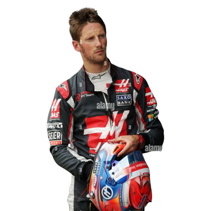 Romain Grosjean 2016 Haas F1 race suit replica with black, red, and grey design from debut seaso