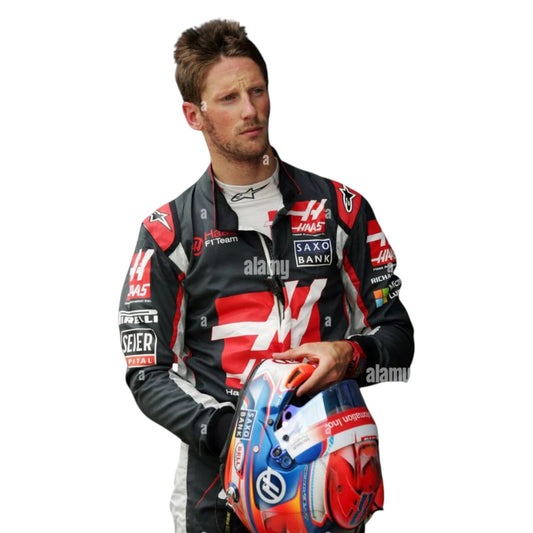 Romain Grosjean 2016 Haas F1 race suit replica with black, red, and grey design from debut seaso