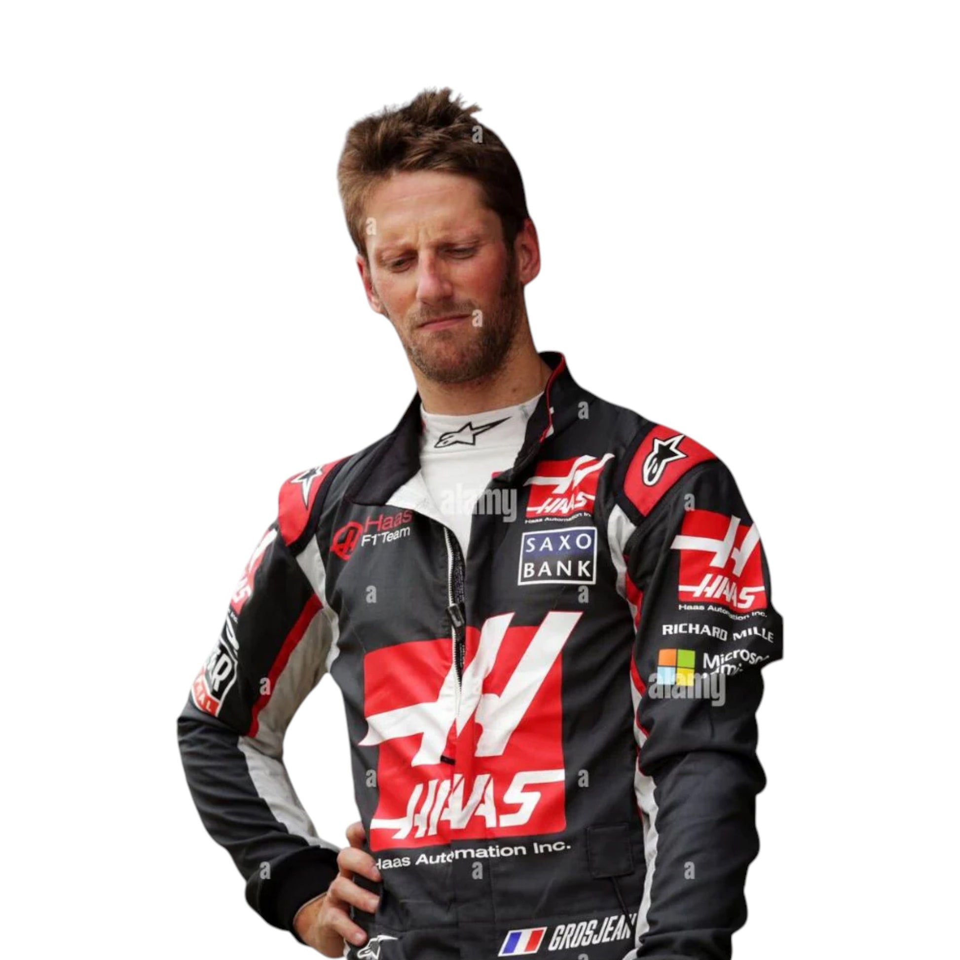 Romain Grosjean 2016 Haas F1 race suit replica with black, red, and grey design from debut season