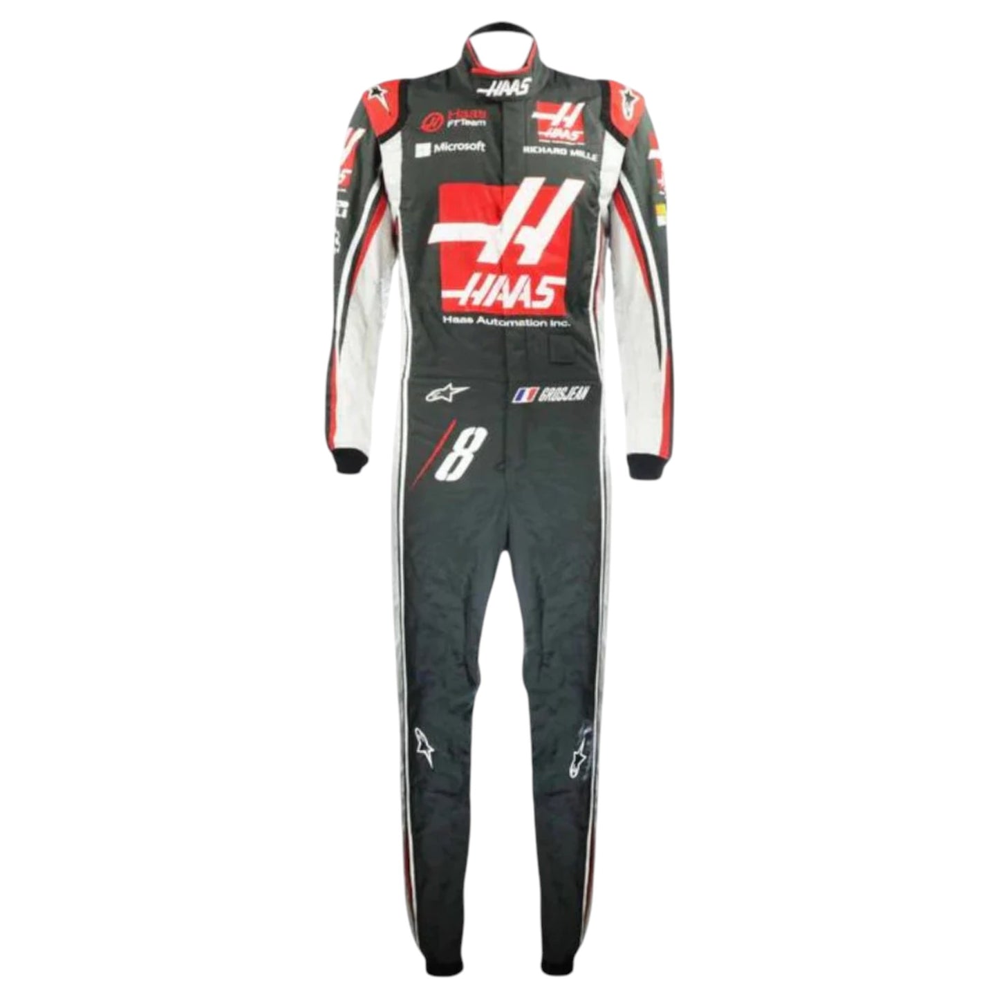 Romain Grosjean 2017 Haas F1 race suit replica with black, red, and grey design featuring Haas Automation logos