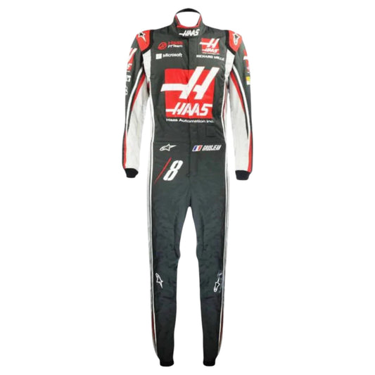 Romain Grosjean 2017 Haas F1 race suit replica with black, red, and grey design featuring Haas Automation logos