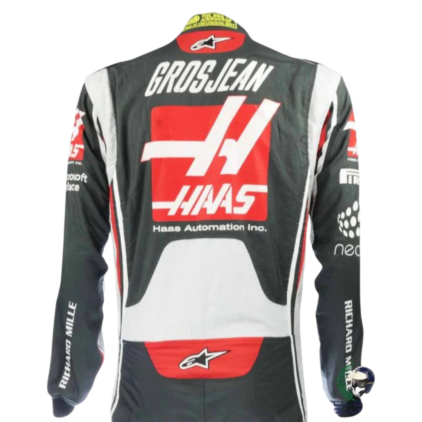 Romain Grosjean 2017 Haas F1 race suit replica with black, red, and grey design featuring Haas Automation logos