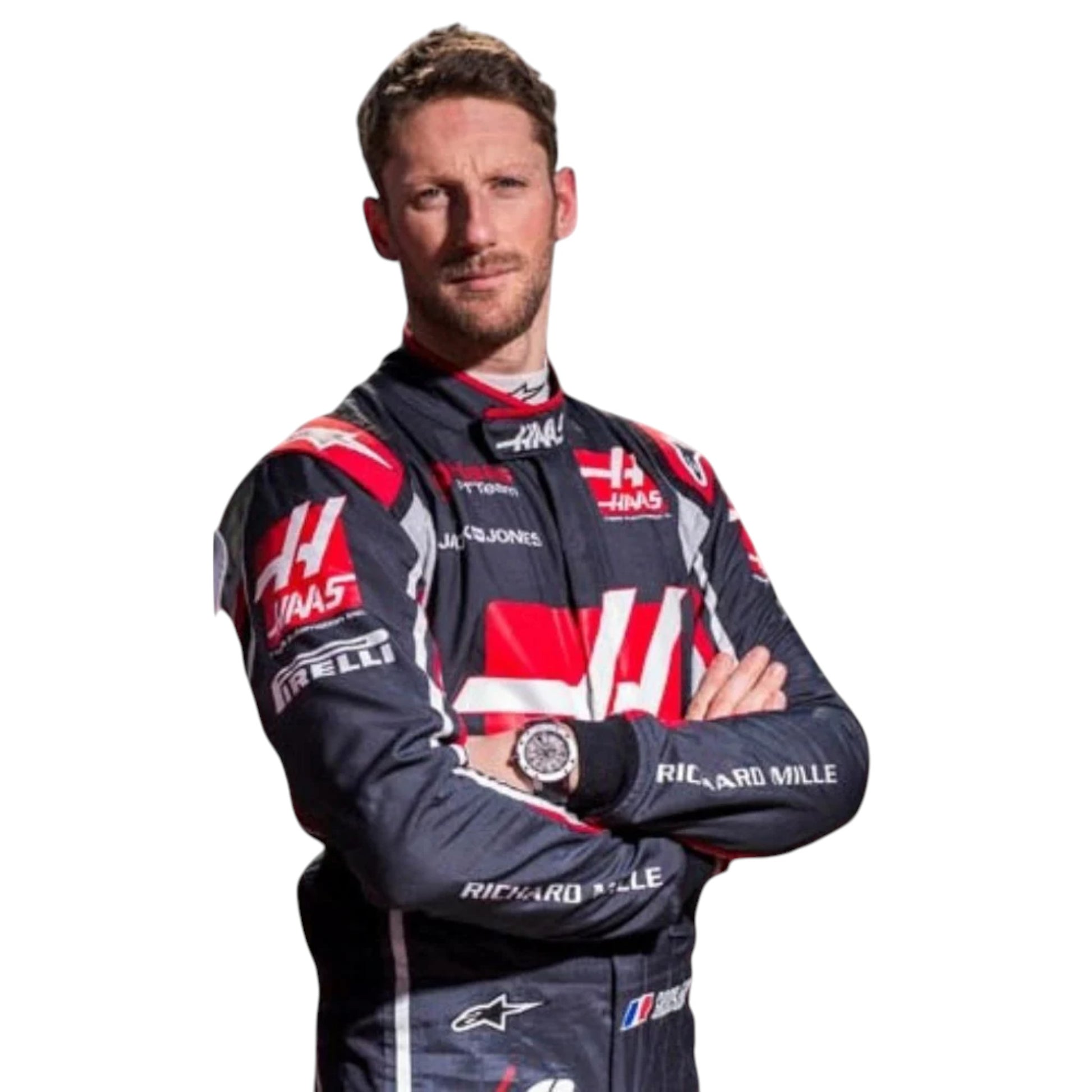 Replica of Romain Grosjean 2018 Haas F1 driver suit featuring sponsor logos and authentic team details