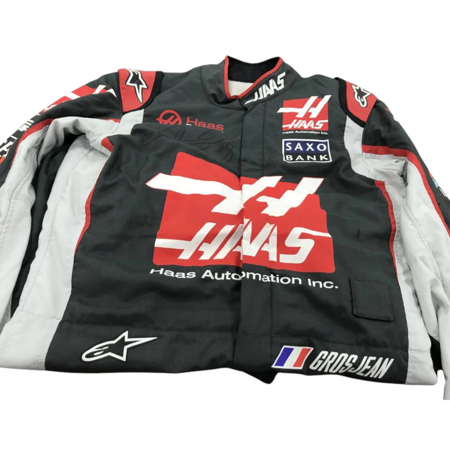Replica of Romain Grosjean 2018 Haas F1 driver suit featuring sponsor logos and authentic team details