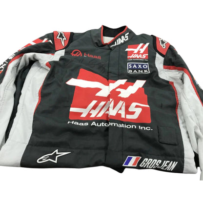 Replica of Romain Grosjean 2018 Haas F1 driver suit featuring sponsor logos and authentic team details