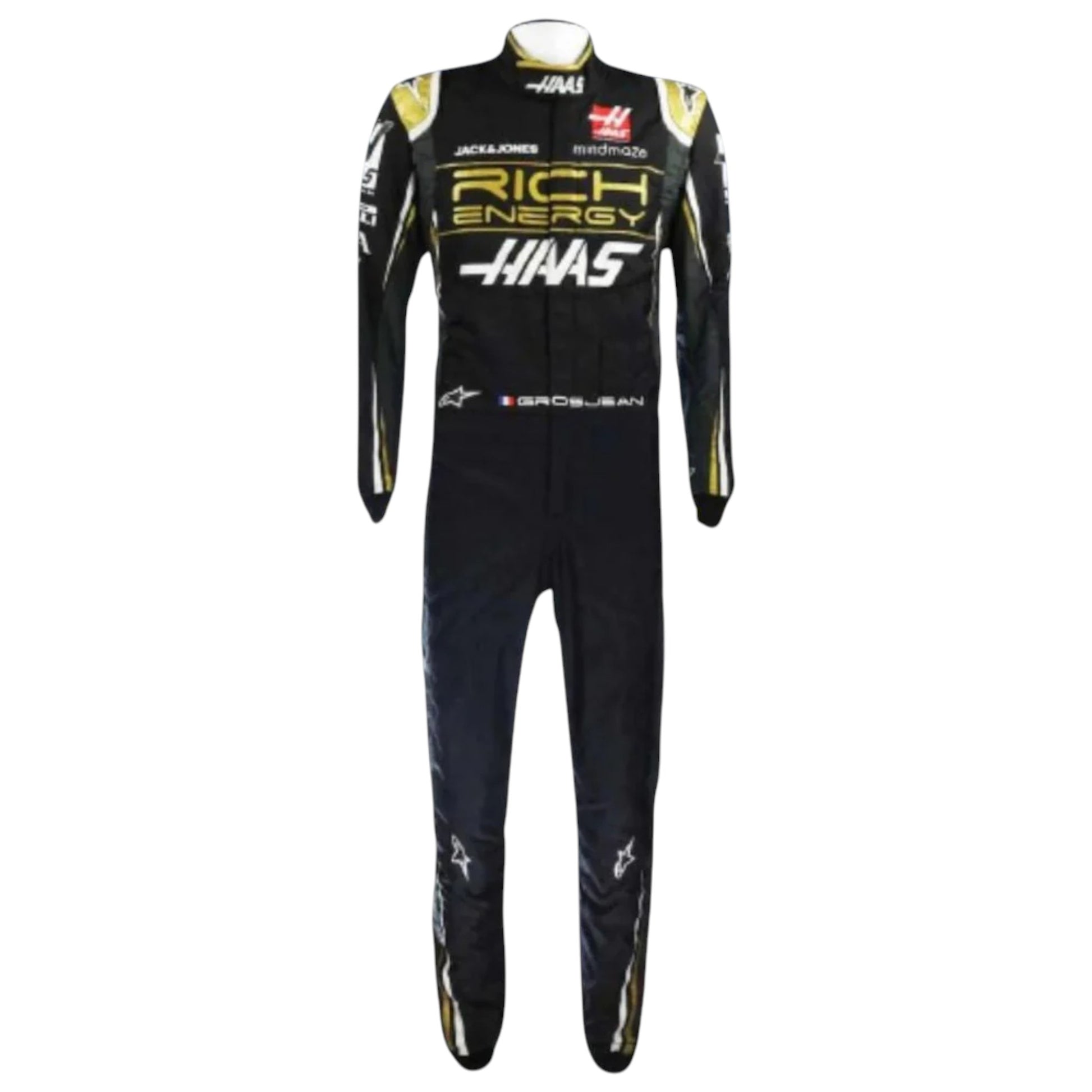 Romain Grosjean 2019 Haas F1 race suit replica with black and gold Rich Energy team design