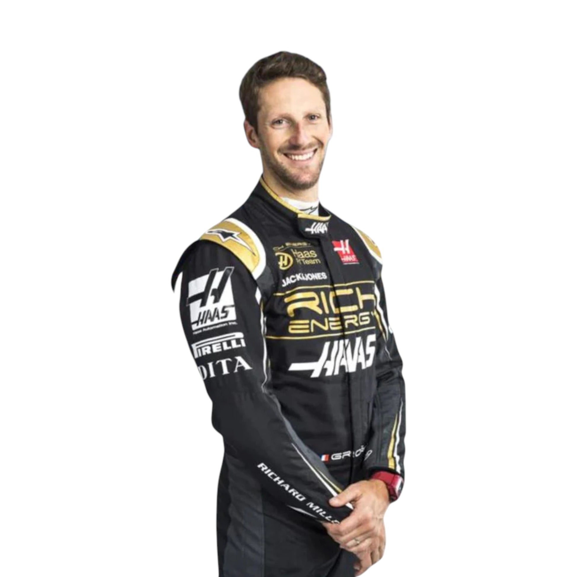 Romain Grosjean 2019 Haas F1 race suit replica with black and gold Rich Energy team design