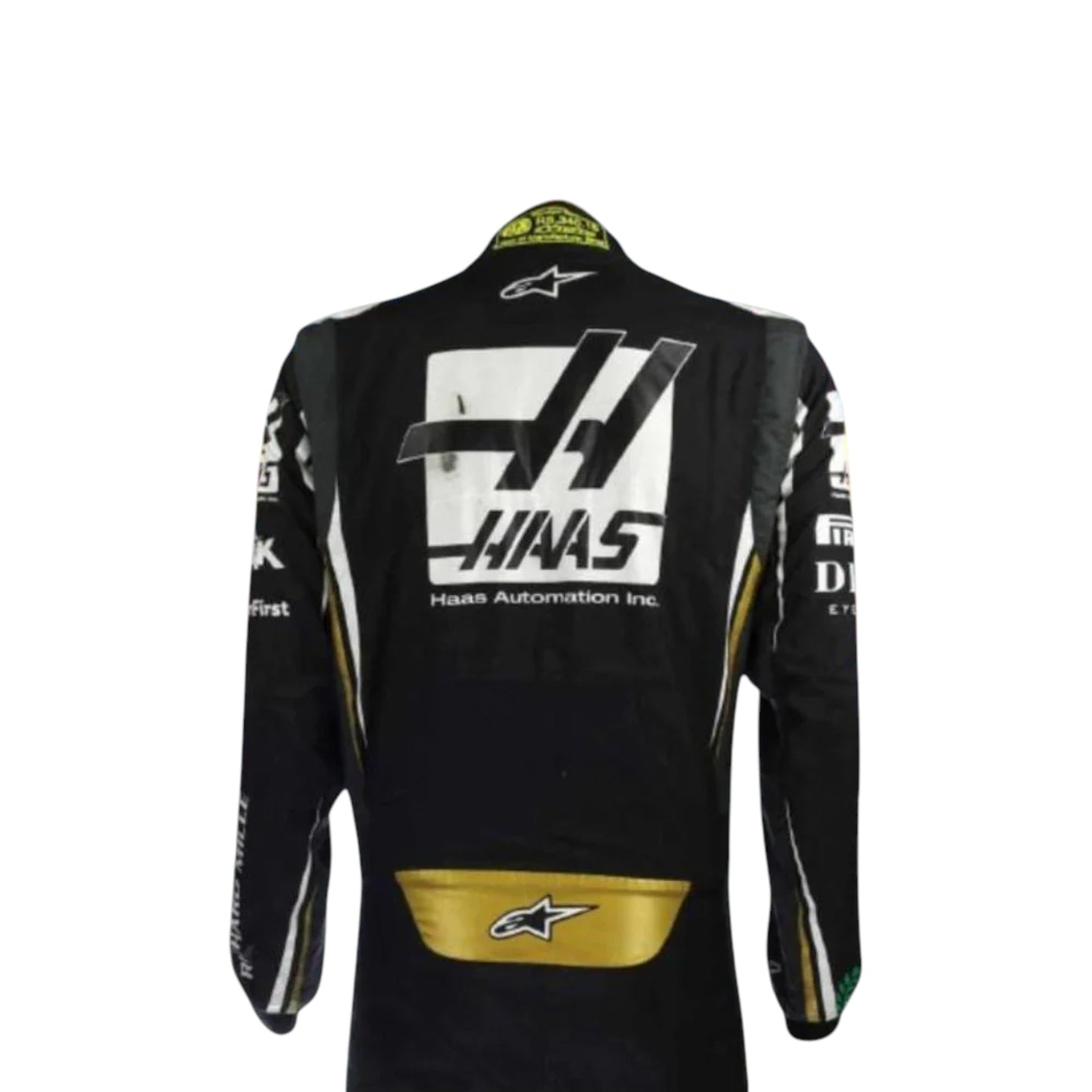 Romain Grosjean 2019 Haas F1 race suit replica with black and gold Rich Energy team design