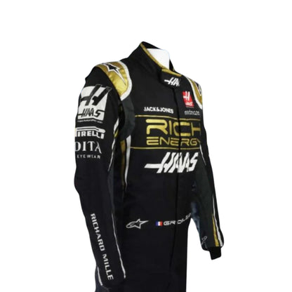 Romain Grosjean 2019 Haas F1 race suit replica with black and gold Rich Energy team design