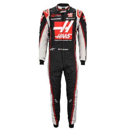 Romain Grosjean 2020 Haas F1 race suit replica with black, white, and red design featuring team sponsor logos
