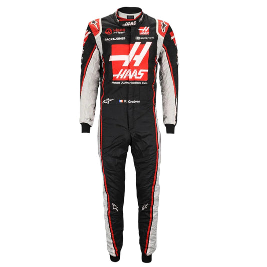 Romain Grosjean 2020 Haas F1 race suit replica with black, white, and red design featuring team sponsor logos