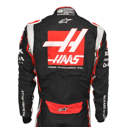Romain Grosjean 2020 Haas F1 race suit replica with black, white, and red design featuring team sponsor logos