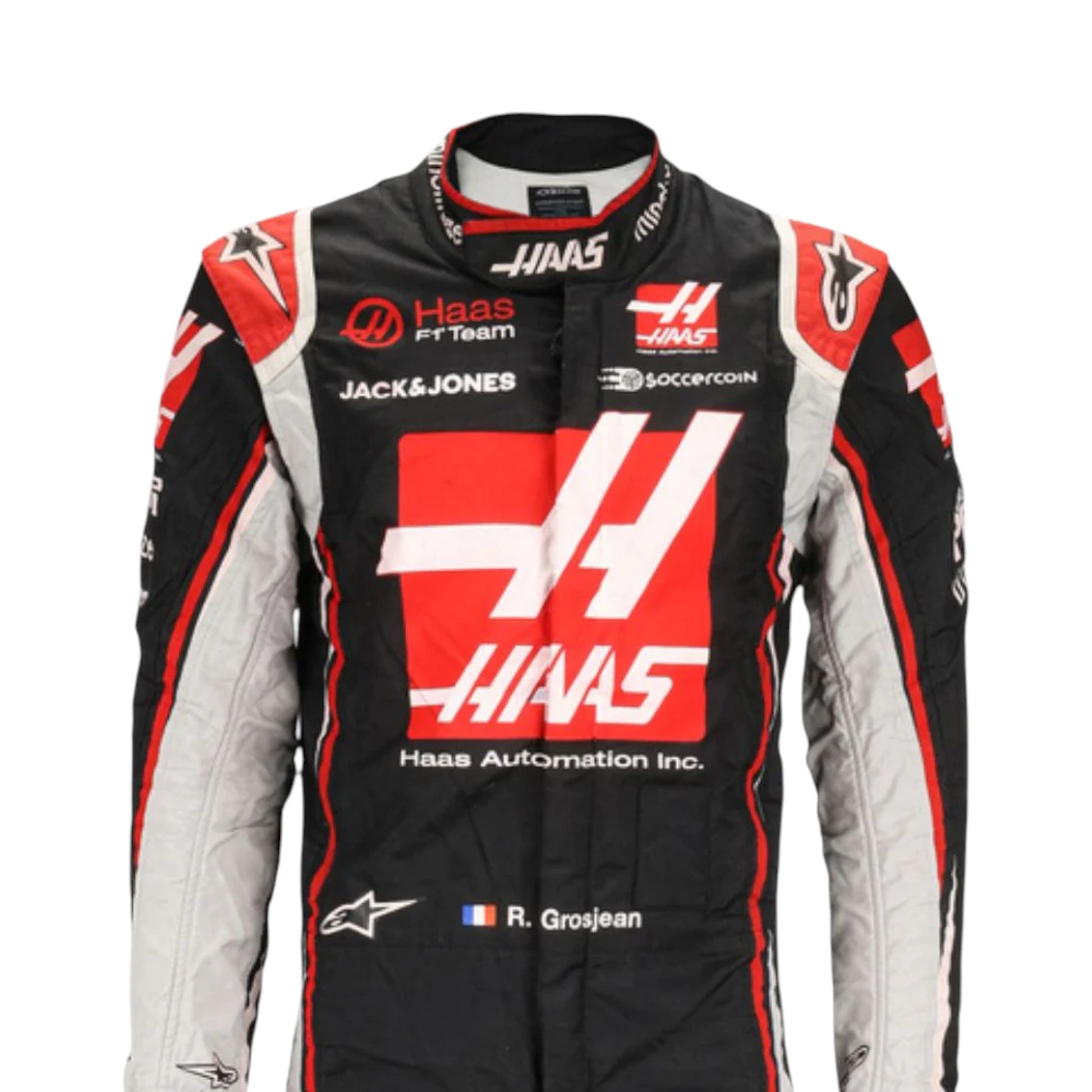 Romain Grosjean 2020 Haas F1 race suit replica with black, white, and red design featuring team sponsor logos