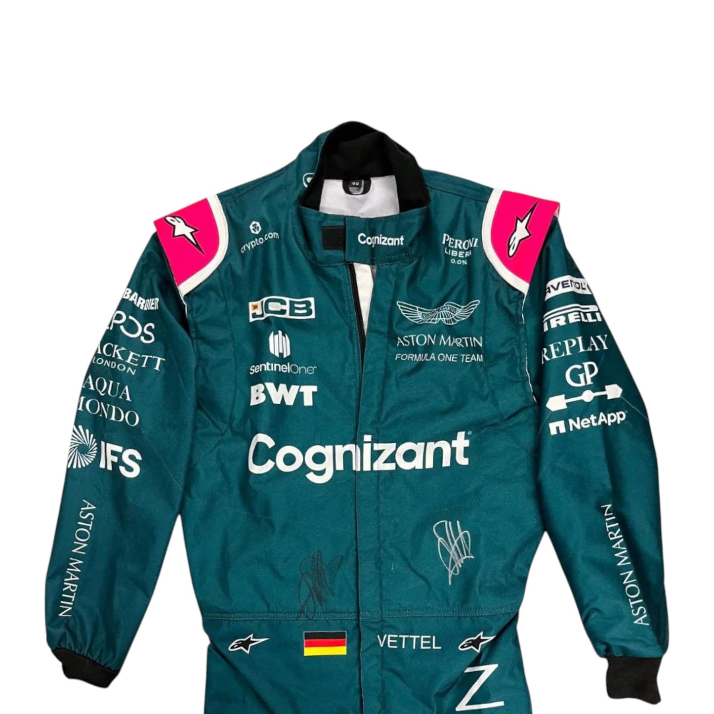Sebastian Vettel 2021 Aston Martin F1 race suit replica featuring British racing green design with sponsor logos