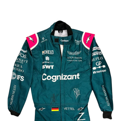 Sebastian Vettel 2021 Aston Martin F1 race suit replica featuring British racing green design with sponsor logos