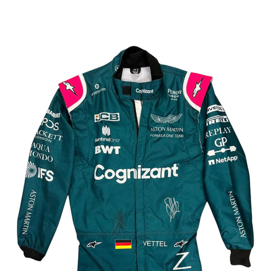 Sebastian Vettel 2021 Aston Martin F1 race suit replica featuring British racing green design with sponsor logos