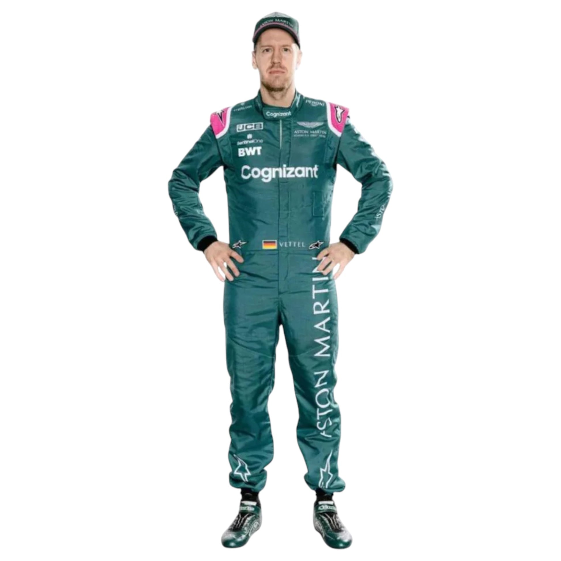 Sebastian Vettel 2021 Aston Martin F1 race suit replica featuring British racing green design with sponsor logos