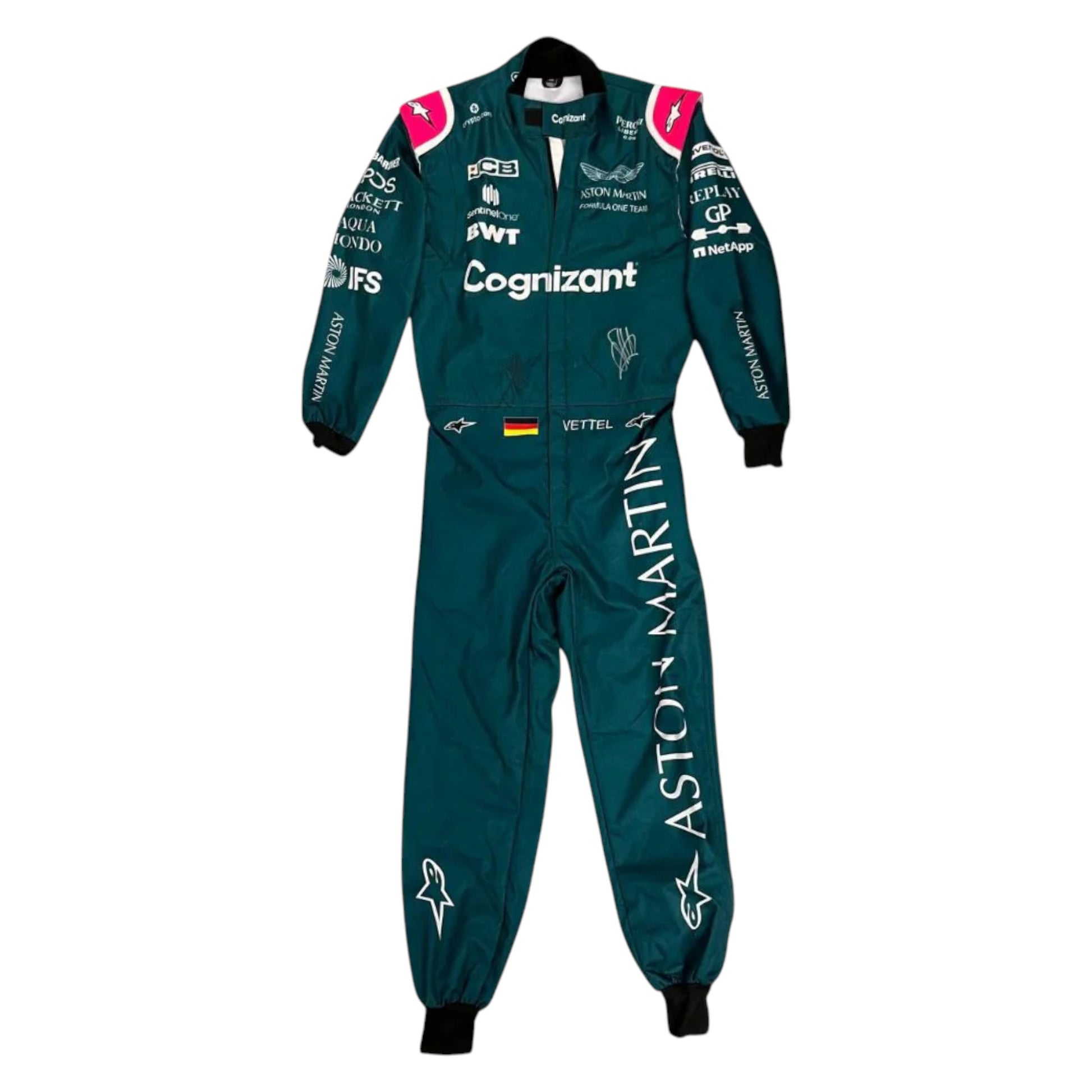 Sebastian Vettel 2021 Aston Martin F1 race suit replica featuring British racing green design with sponsor logos