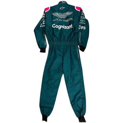 Sebastian Vettel 2021 Aston Martin F1 race suit replica featuring British racing green design with sponsor logos