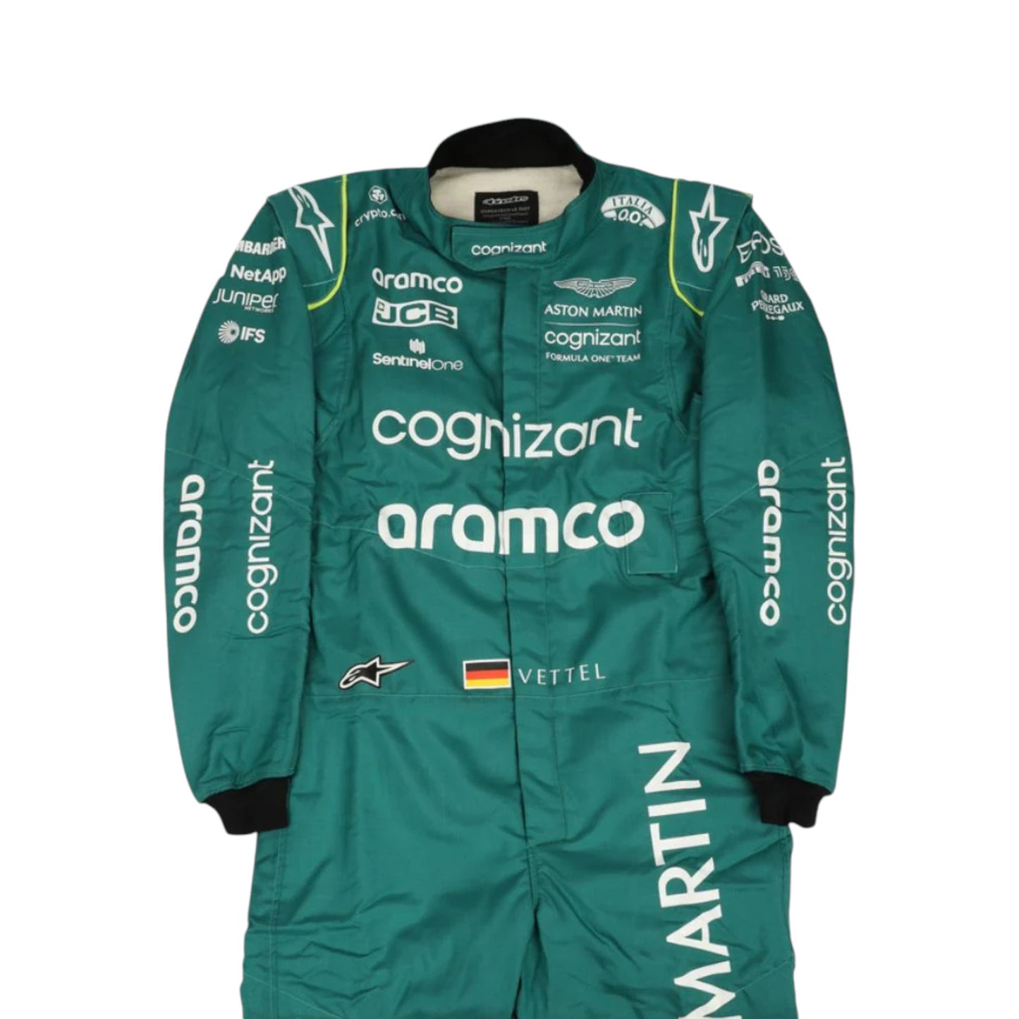 Sebastian Vettel 2022 Aston Martin F1 race suit replica in British racing green with detailed sponsor logos