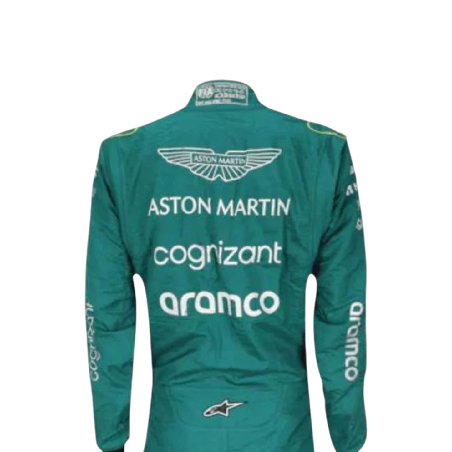 Sebastian Vettel 2022 Aston Martin F1 race suit replica in British racing green with detailed sponsor logos