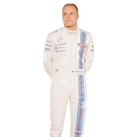 Valtteri Bottas 2014 Williams F1 race suit replica white suit with Martini Racing blue and red stripes and team sponsor logos