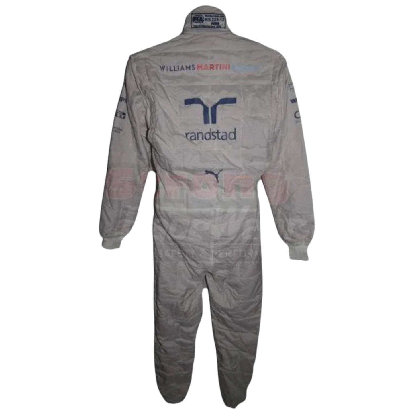 Valtteri Bottas 2014 Williams F1 race suit replica white suit with Martini Racing blue and red stripes and team sponsor logos