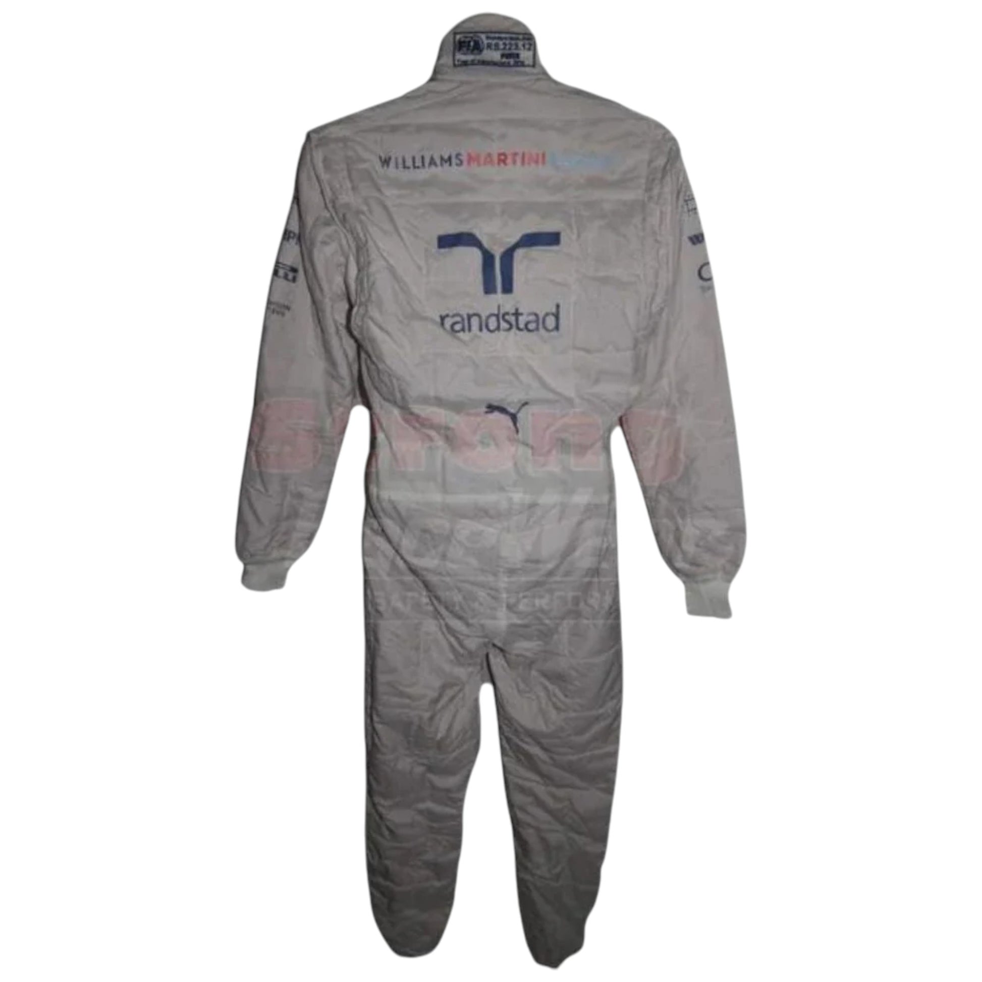 Valtteri Bottas 2014 Williams F1 race suit replica white suit with Martini Racing blue and red stripes and team sponsor logos