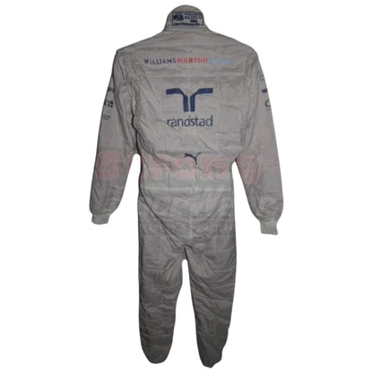 Valtteri Bottas 2014 Williams F1 race suit replica white suit with Martini Racing blue and red stripes and team sponsor logos