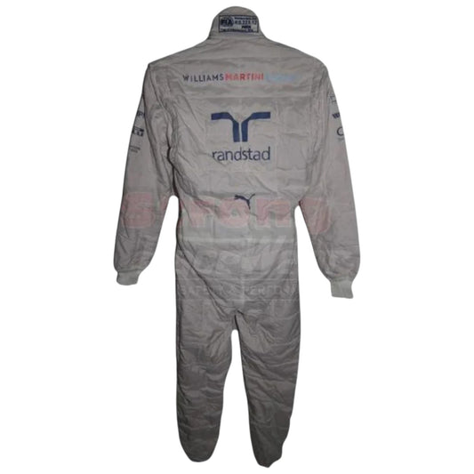 Valtteri Bottas 2014 Williams F1 race suit replica white suit with Martini Racing blue and red stripes and team sponsor logos