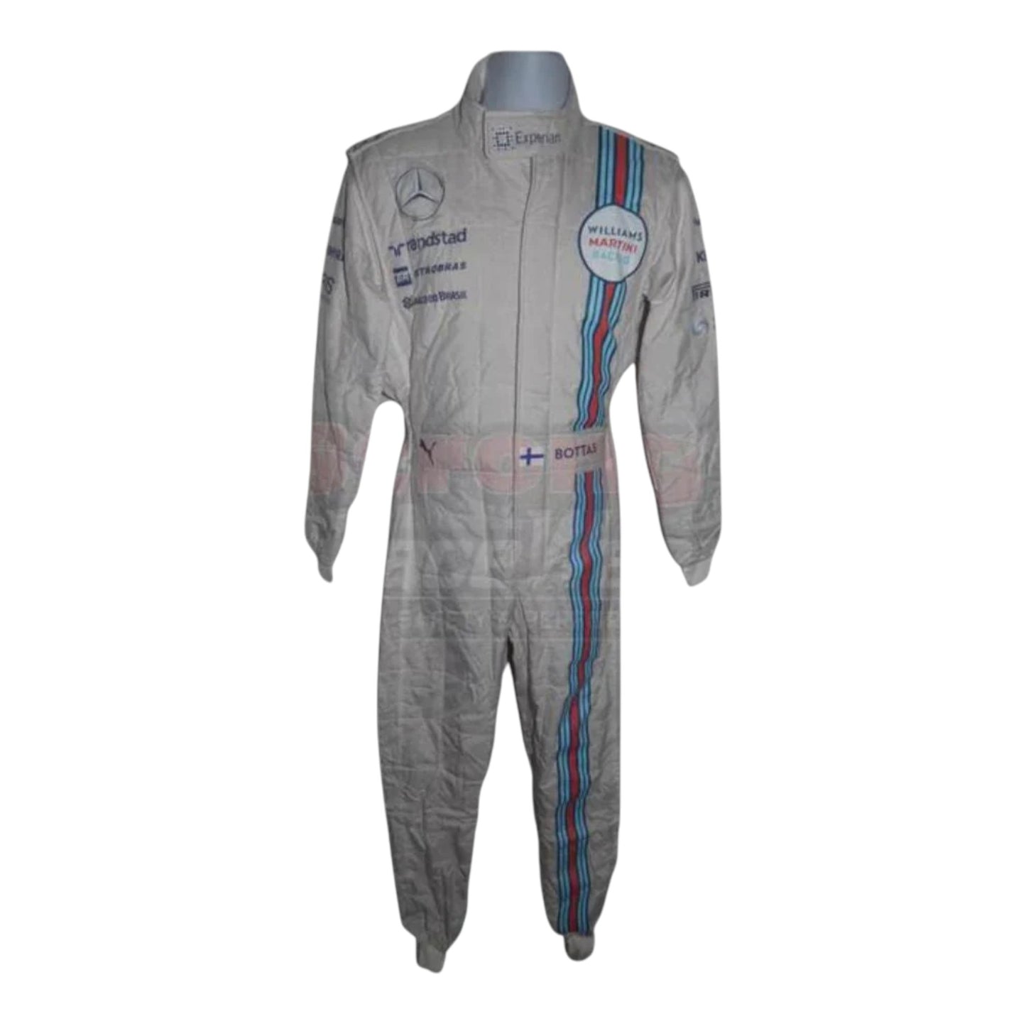 Valtteri Bottas 2014 Williams F1 race suit replica white suit with Martini Racing blue and red stripes and team sponsor logos