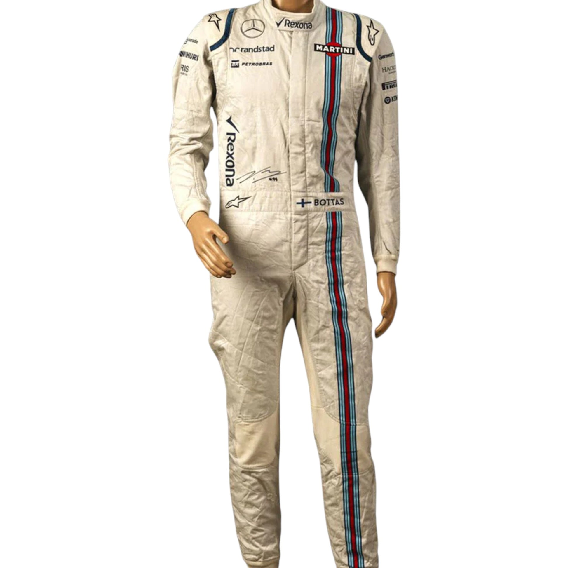 Valtteri Bottas 2015 Williams F1 race suit replica  white design with Martini Racing blue and red stripes and team sponsor branding