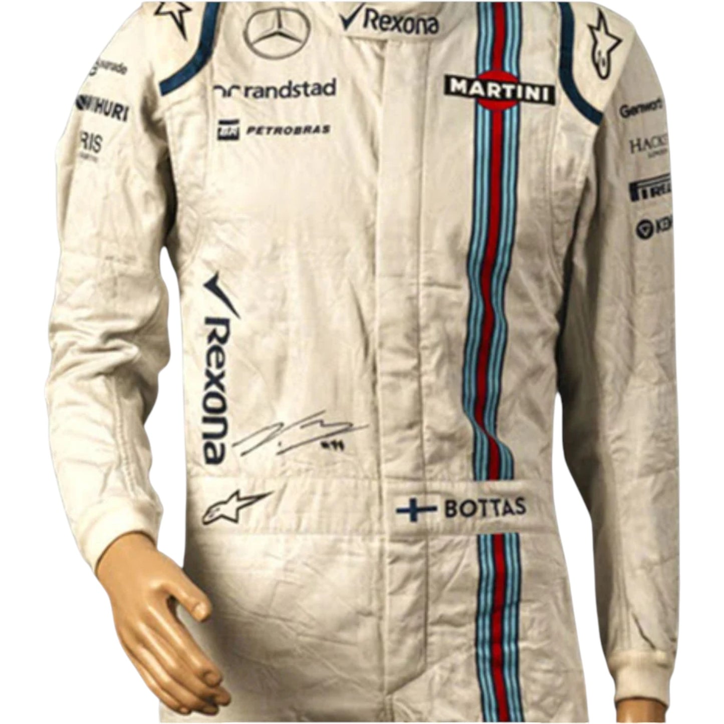 Valtteri Bottas 2015 Williams F1 race suit replica  white design with Martini Racing blue and red stripes and team sponsor branding