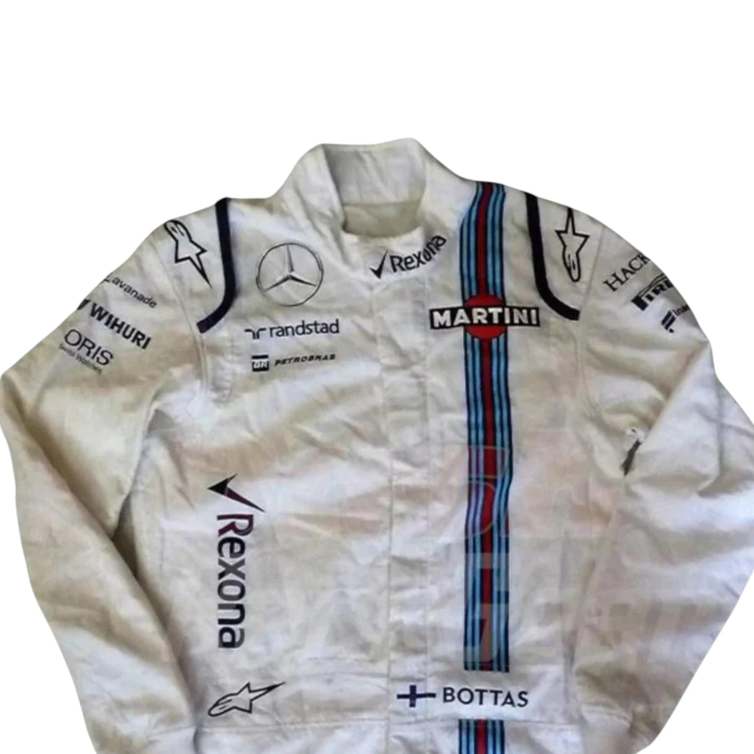 Valtteri Bottas 2016 Williams F1 race suit replica white suit with Martini Racing stripes and updated sponsor logos from the 2016 season