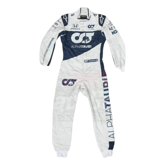Yuki Tsunoda 2021 AlphaTauri F1 race suit replica with navy blue and white design featuring Red Bull and Honda logos