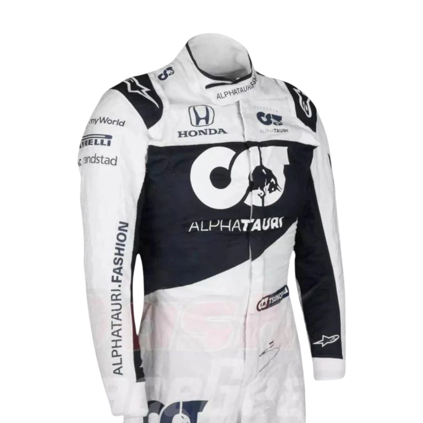 Yuki Tsunoda 2021 AlphaTauri F1 race suit replica with navy blue and white design featuring Red Bull and Honda logos