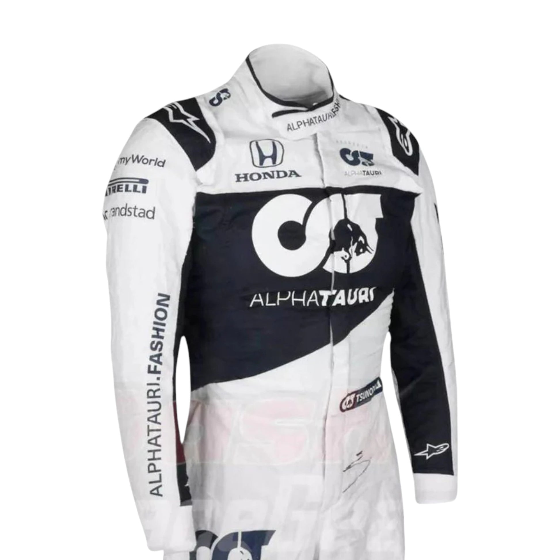 Yuki Tsunoda 2021 AlphaTauri F1 race suit replica with navy blue and white design featuring Red Bull and Honda logos