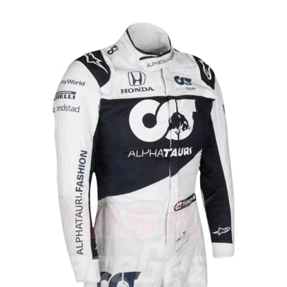 Yuki Tsunoda 2021 AlphaTauri F1 race suit replica with navy blue and white design featuring Red Bull and Honda logos