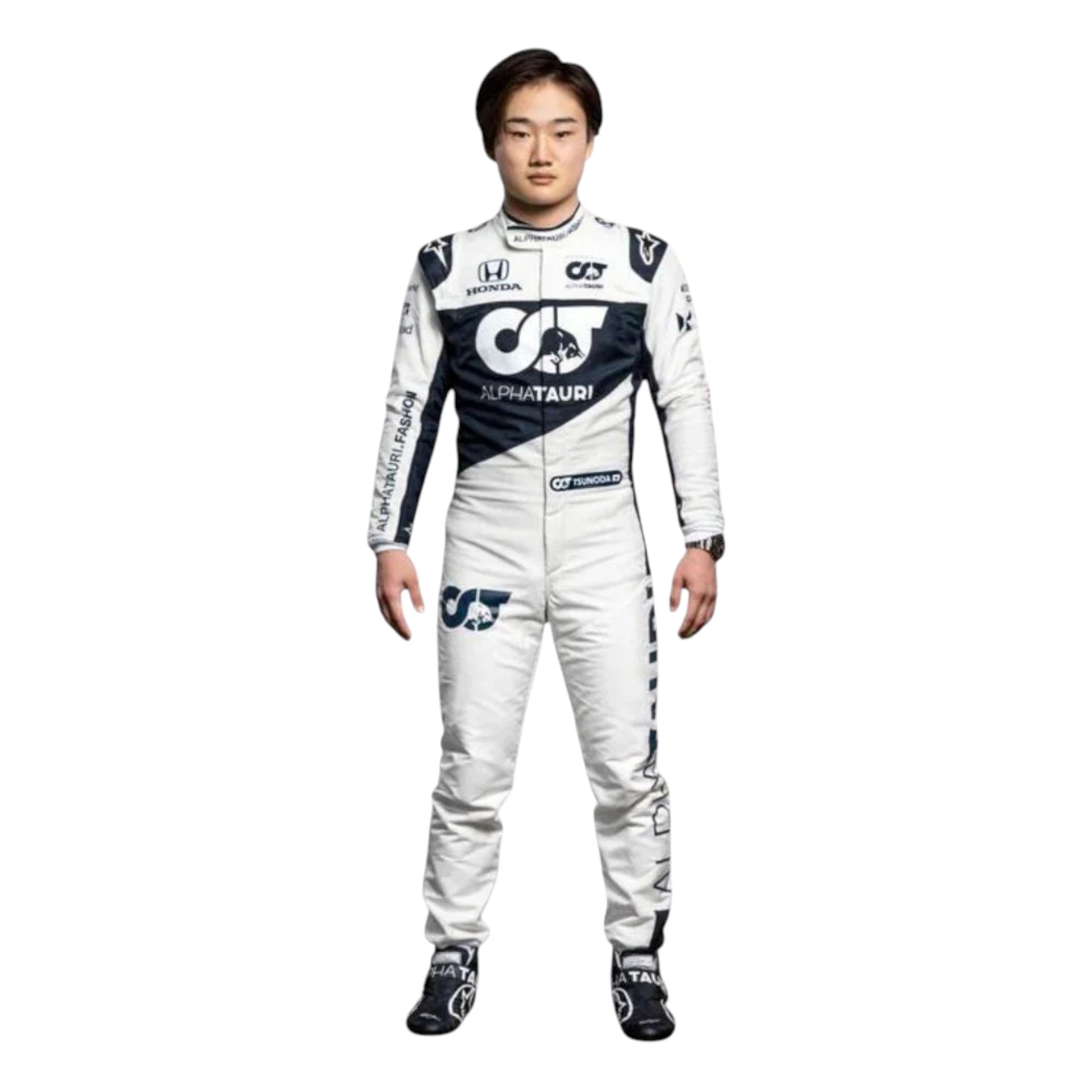 Yuki Tsunoda 2021 AlphaTauri F1 race suit replica with navy blue and white design featuring Red Bull and Honda logos