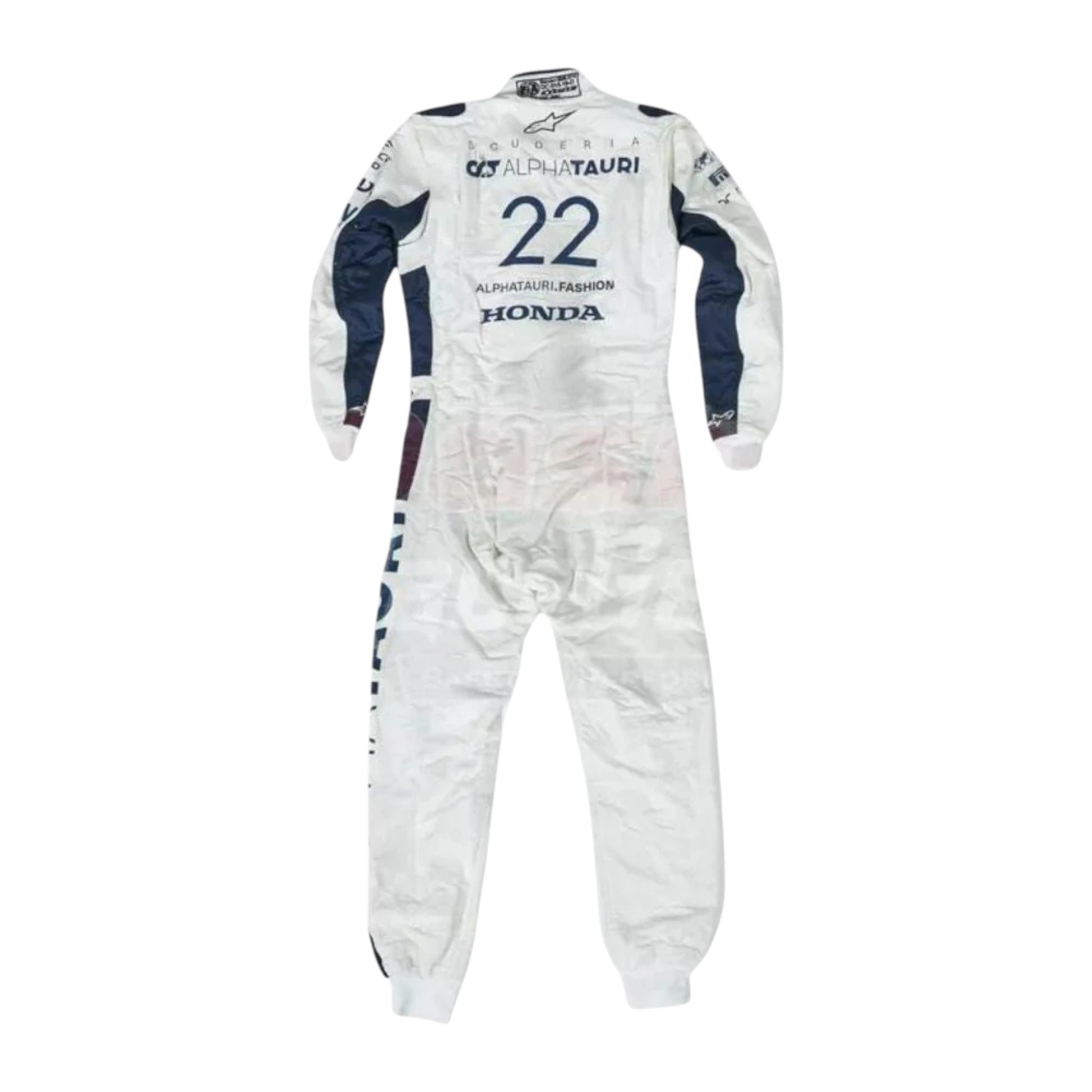 Yuki Tsunoda 2021 AlphaTauri F1 race suit replica with navy blue and white design featuring Red Bull and Honda logos