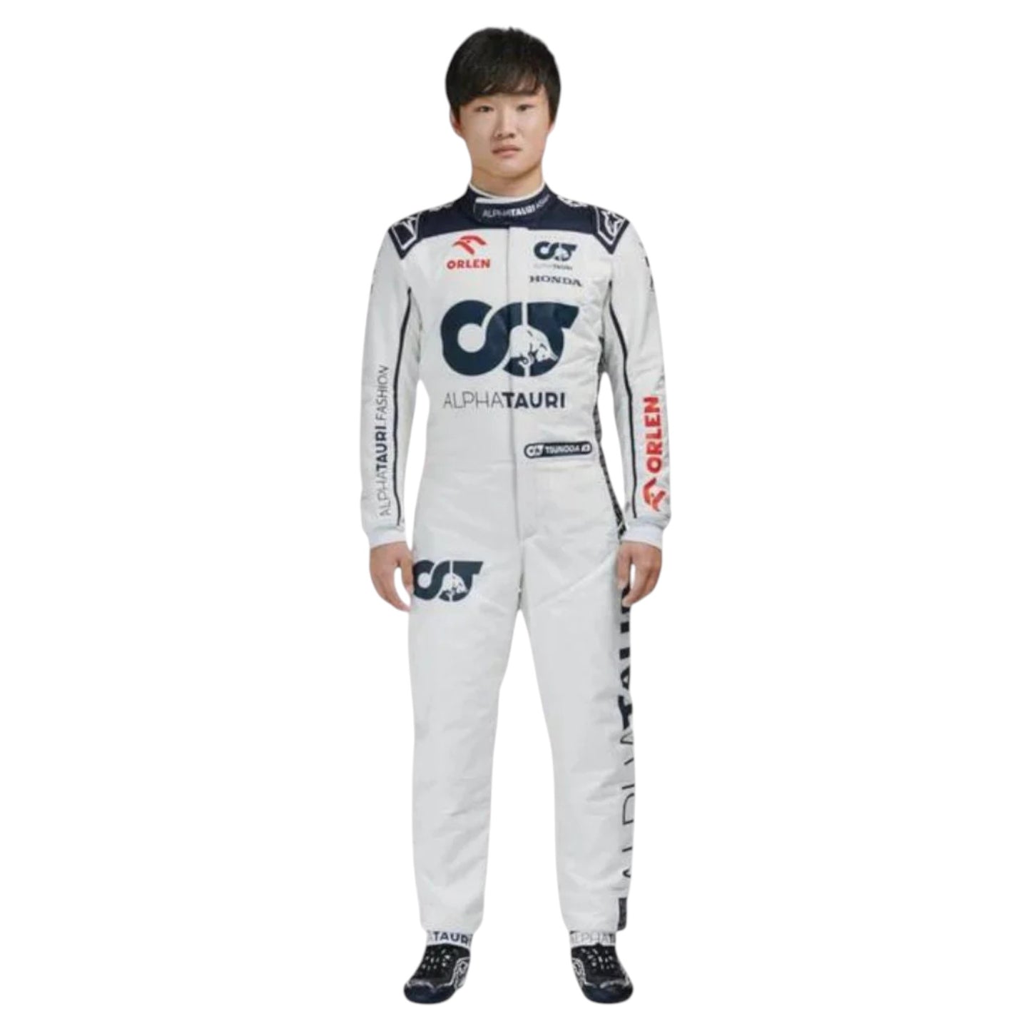 Yuki Tsunoda 2023 AlphaTauri F1 race suit replica with navy blue and white design featuring Red Bull and Honda branding