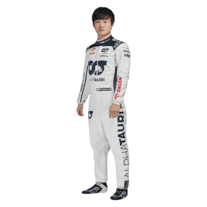 Yuki Tsunoda 2023 AlphaTauri F1 race suit replica with navy blue and white design featuring Red Bull and Honda branding