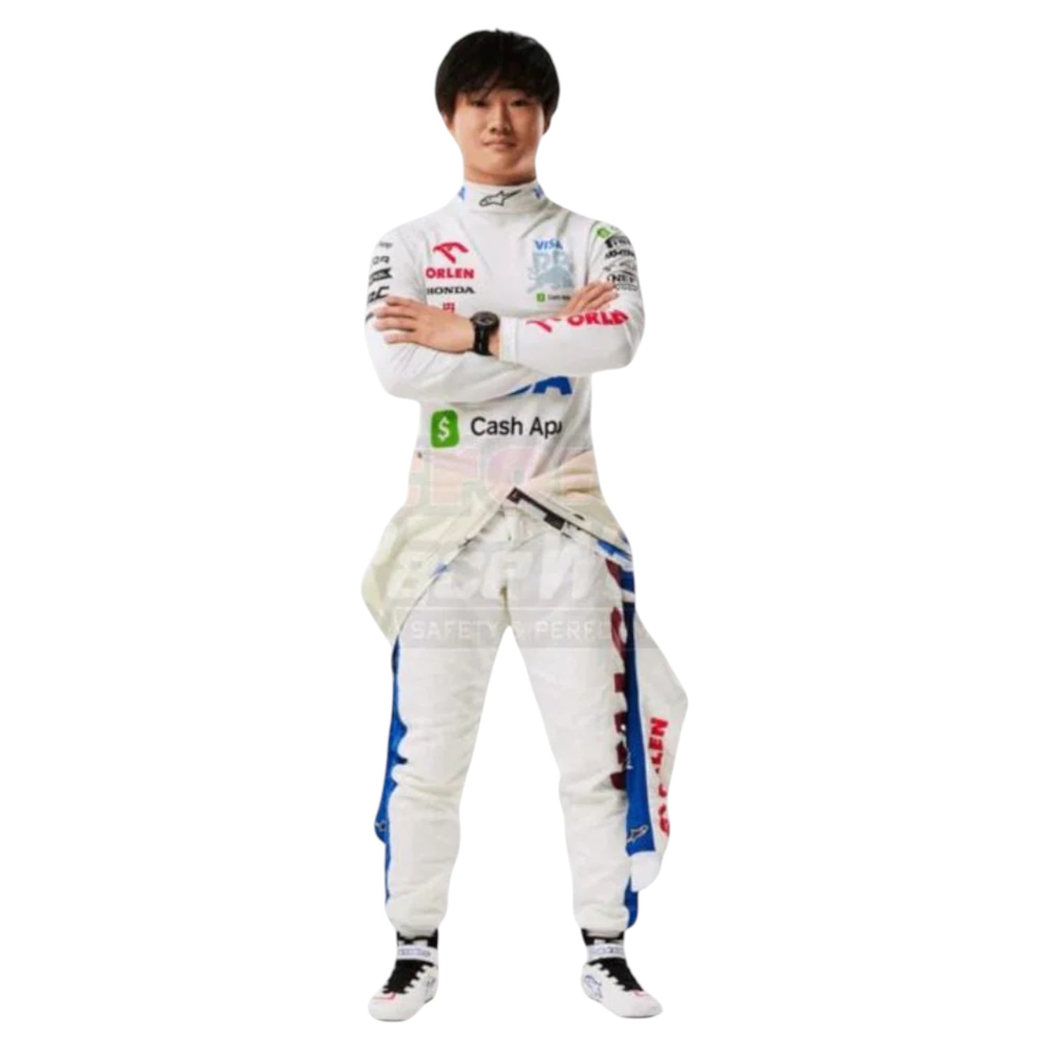 Yuki Tsunoda 2024 AlphaTauri F1 race suit replica with navy blue and white design featuring Red Bull and Honda branding